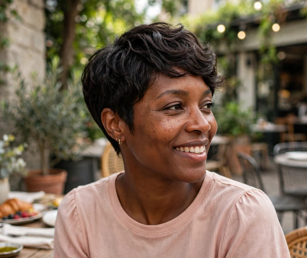 Black woman with a nape-taper pixie cut on a brunch patio