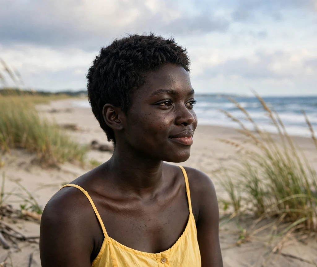 Black woman with a TWA-inspired pixie cut at the beach
