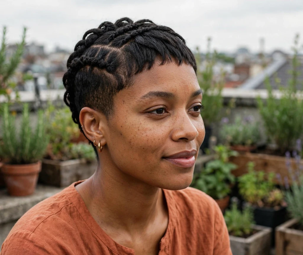 Black woman with a flat-twisted crown pixie cut in a rooftop garden