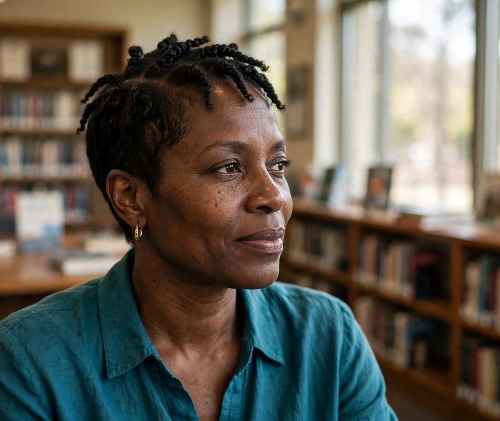 Black woman with a twisted coily pixie cut in a library