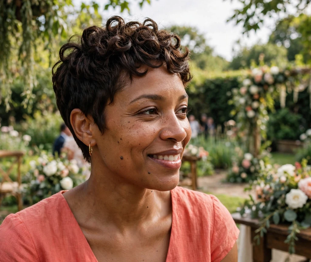 Black woman with a defined ringlet pixie cut at a garden wedding