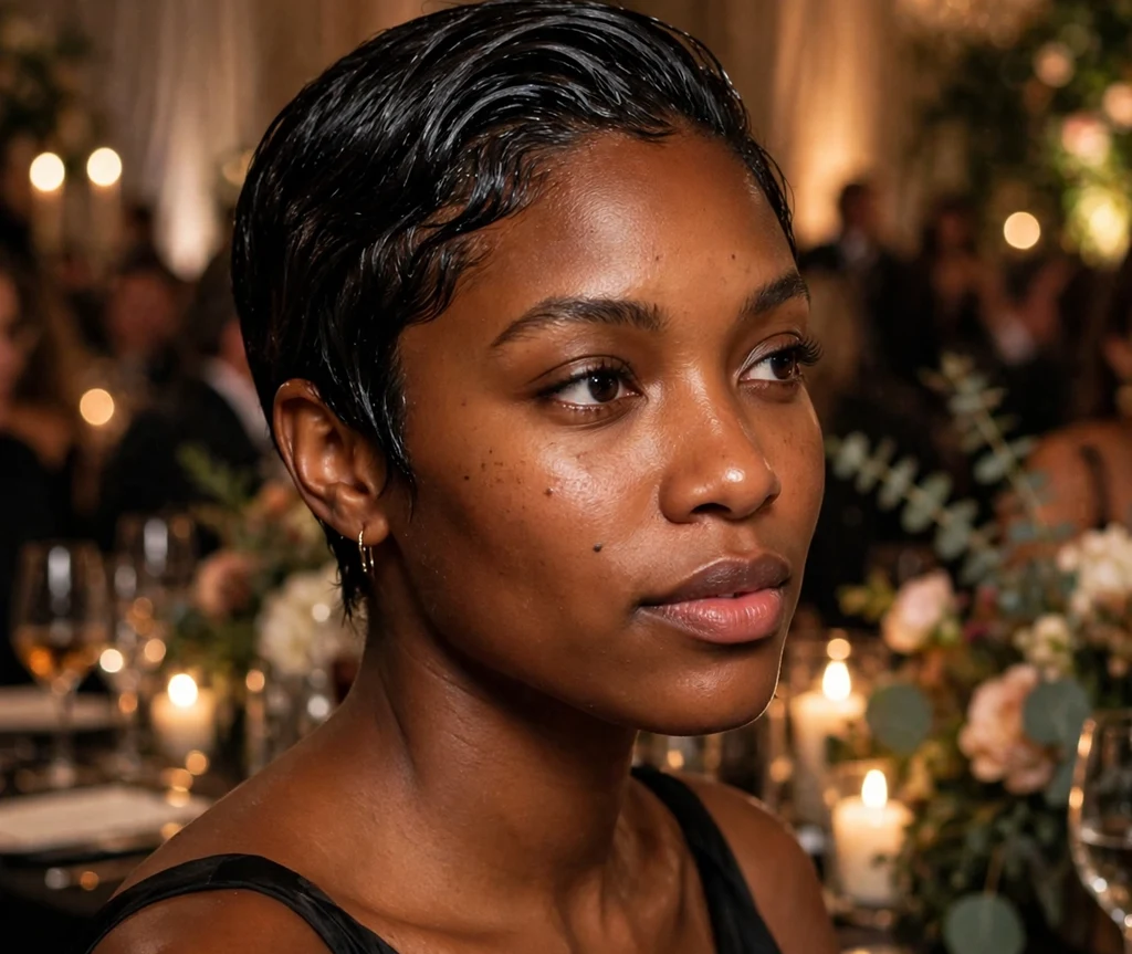 Black woman with a wet-look glossy pixie cut at a gala