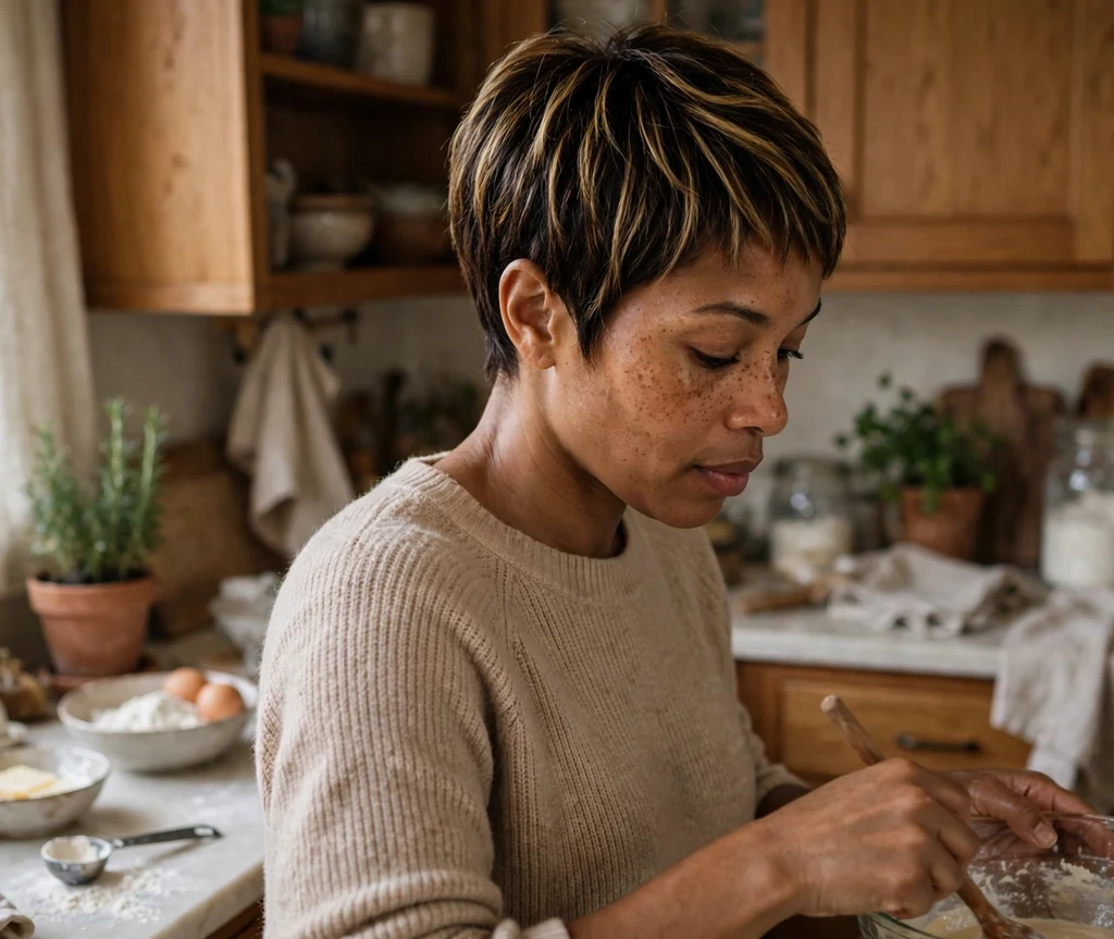 Black woman with a honey highlight pixie cut in a kitchen