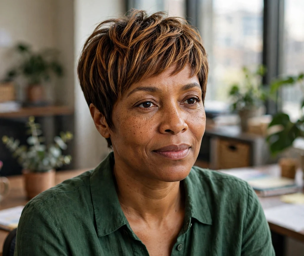 Black woman with a caramel balayage pixie cut in an office