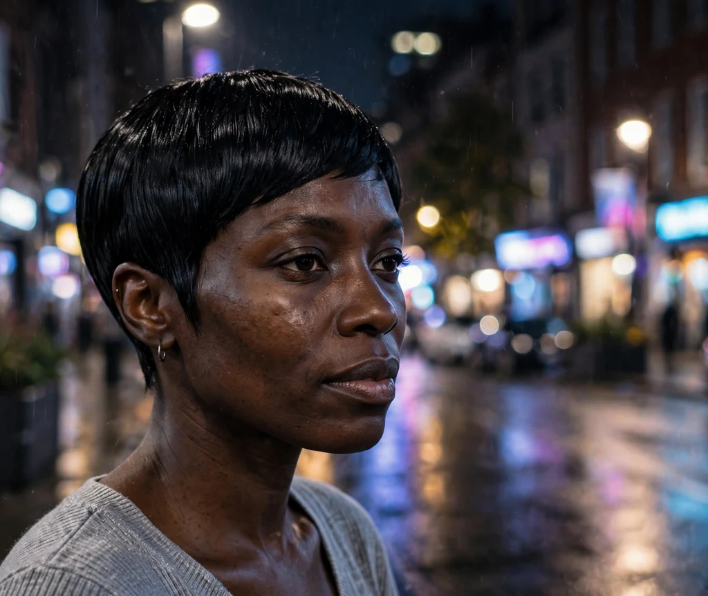 Black woman with a jet-black glossy pixie cut on a city street at night