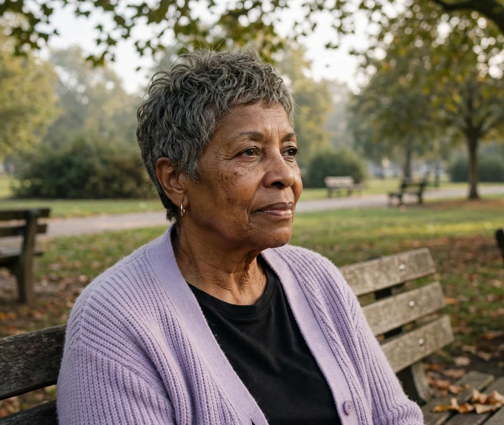 Black woman with a salt-and-pepper pixie cut on a park bench