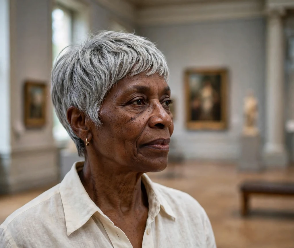 Black woman with a silver grey pixie cut in a museum