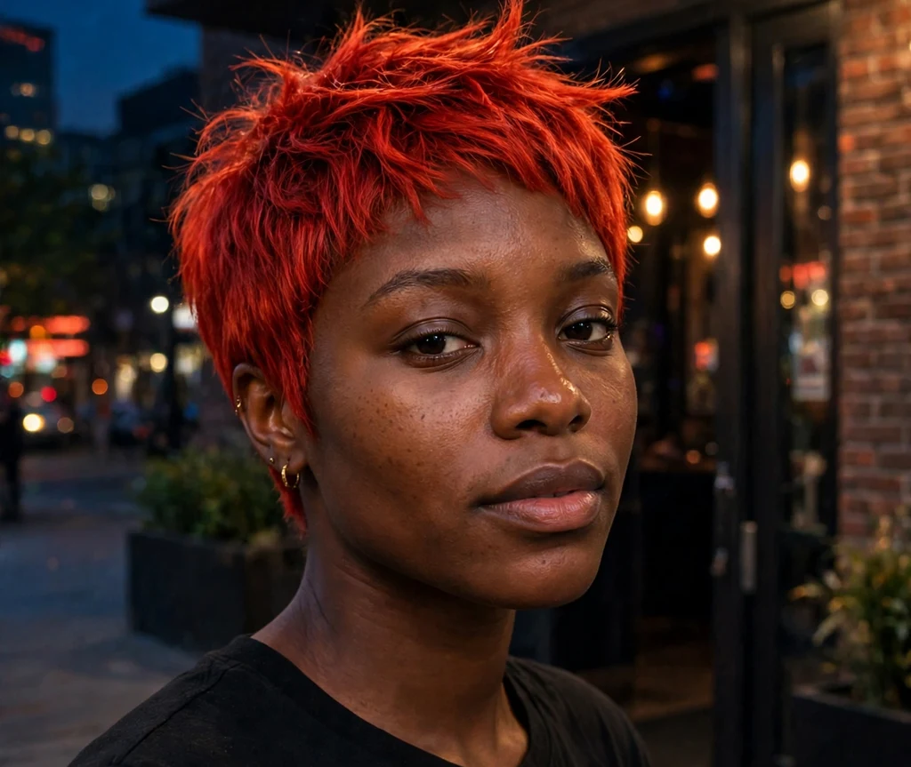Black woman with a fiery red pixie cut at a nightclub