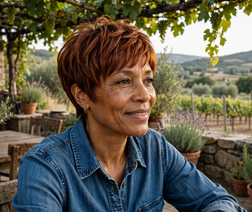 Black woman with a rich auburn pixie cut on a vineyard patio