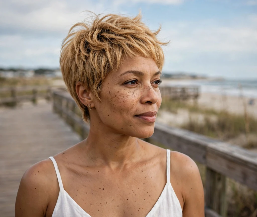 Black woman with a golden blonde pixie cut on a beach boardwalk
