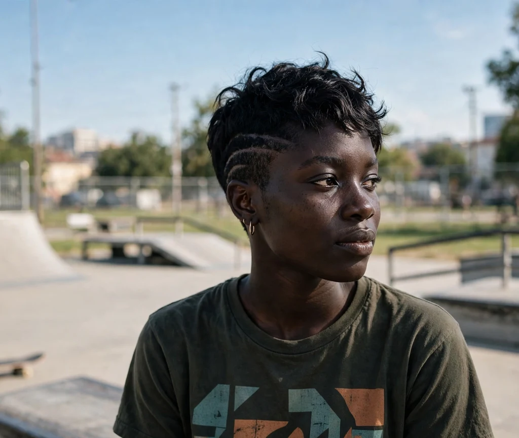 Black woman with a pixie featuring shaved designs at a skate park