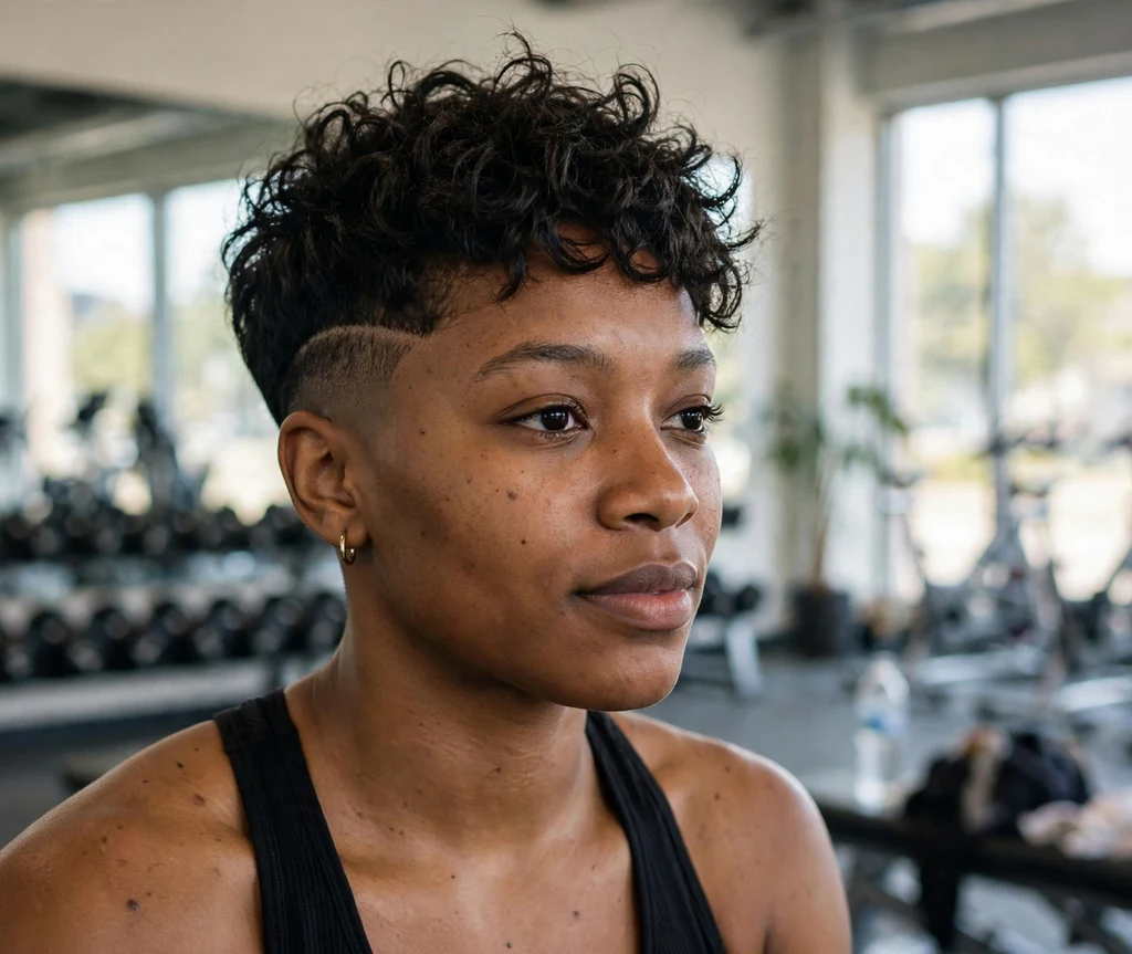 Black woman with a temple fade pixie cut at a gym