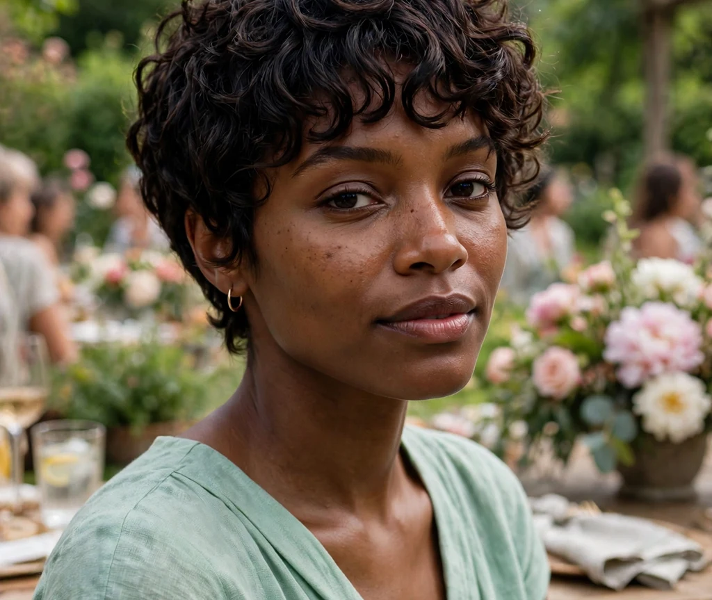 Black woman with a curly bangs pixie cut at a garden party