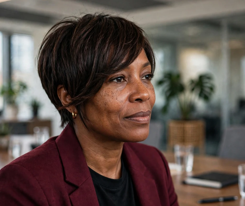 Black woman with a side-swept fringe pixie cut in a conference room