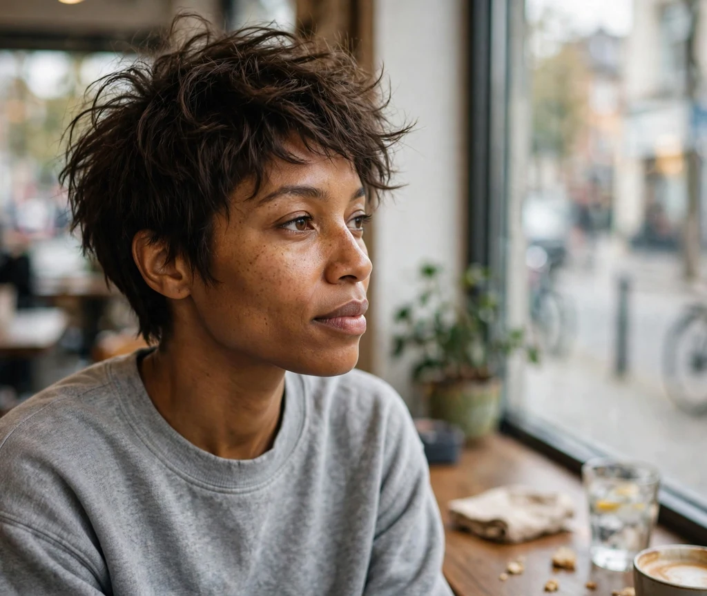 Black woman with a messy tousled pixie cut at a coffee shop