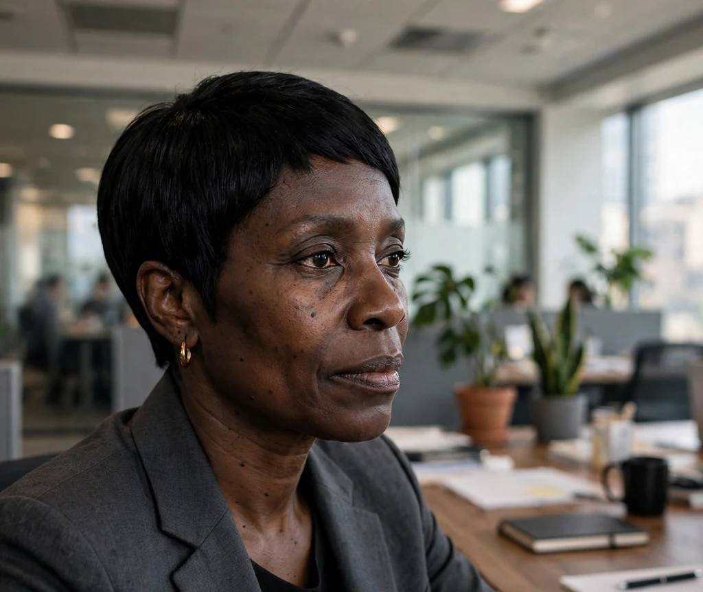 Black woman with a polished office pixie cut in a corporate office