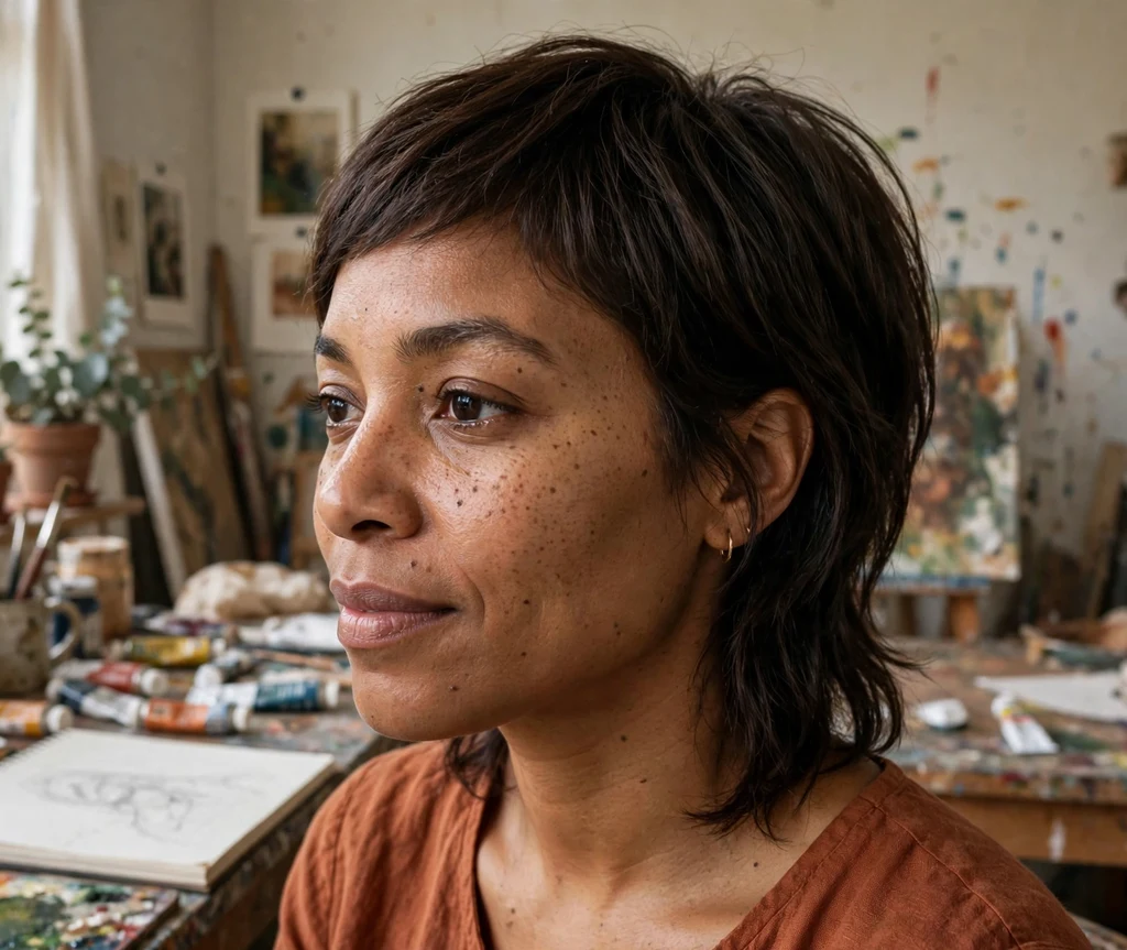Black woman with a pixie-bob hybrid haircut in an art studio