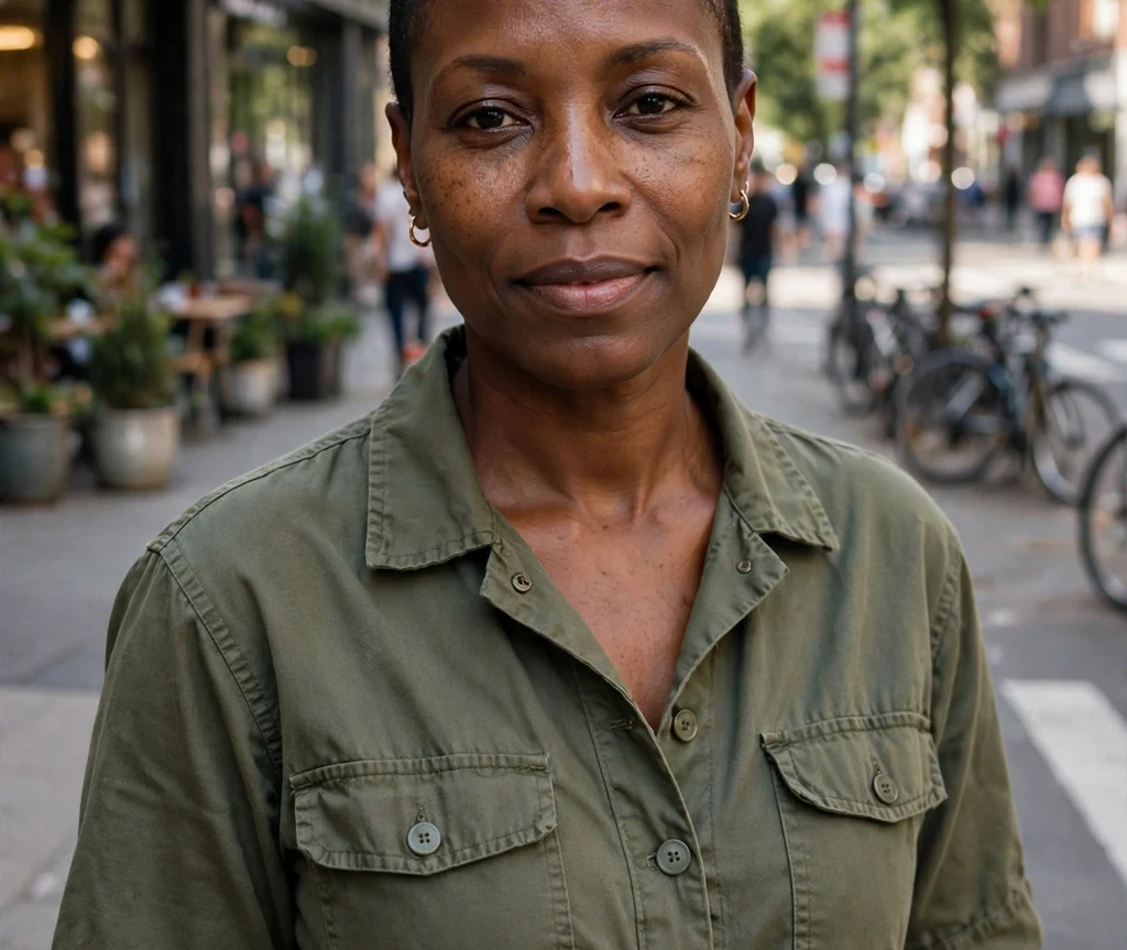 Black woman with a buzzed bold pixie cut on a city street