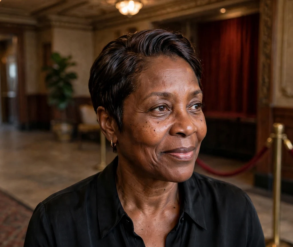 Black woman with a slicked-back pixie cut in a theater lobby