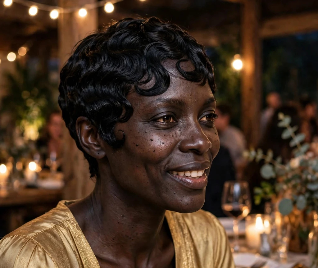 Black woman with a sculpted swirl pixie cut at an evening party