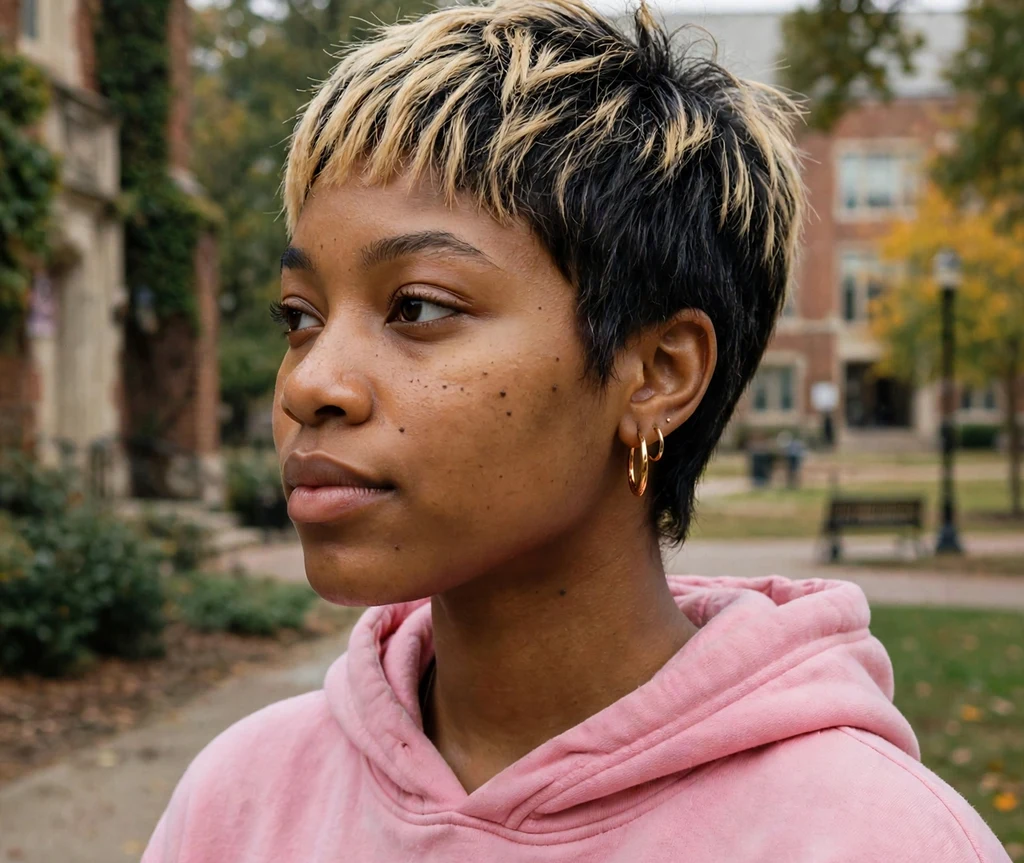 Black woman with a two-tone pixie cut on a college campus