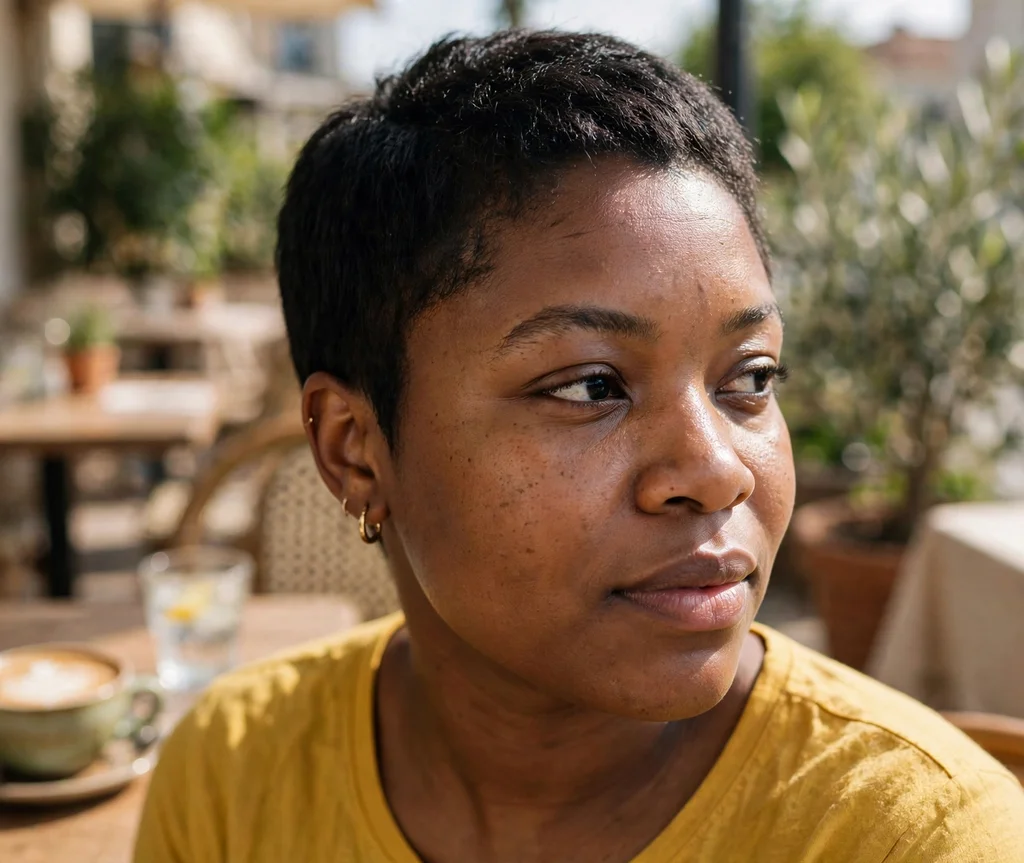 Classic tapered pixie on natural dark hair, Black woman in her late 20s, mustard yellow top, sunny café terrace