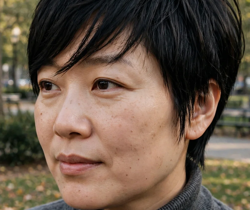 Pixie with long side-swept bangs on black hair, East Asian woman in her mid 30s, charcoal turtleneck, city park