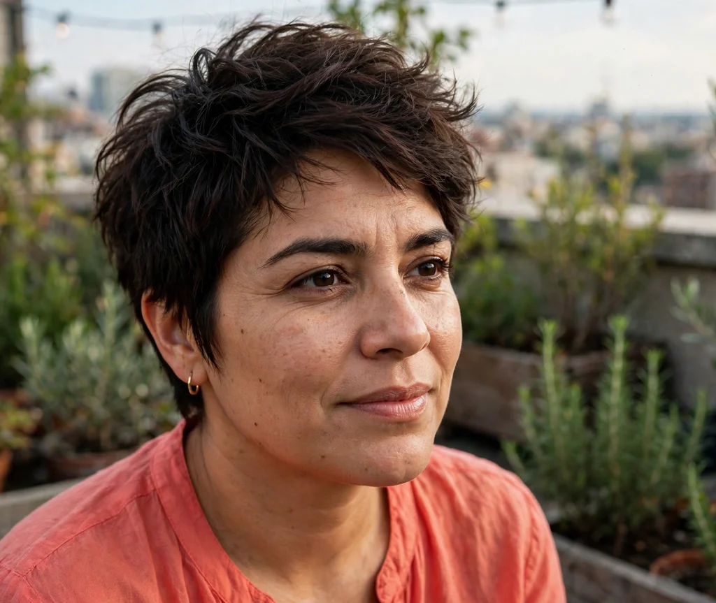 Textured pixie with volume on top on dark brown hair, Latina woman in her early 30s, coral blouse, rooftop garden