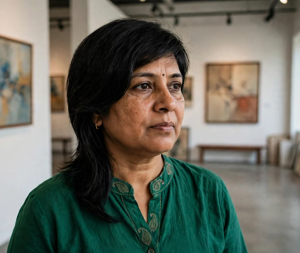 Asymmetric pixie, one side longer, on jet black hair, South Asian woman in her mid 40s, emerald green kurta, art gallery