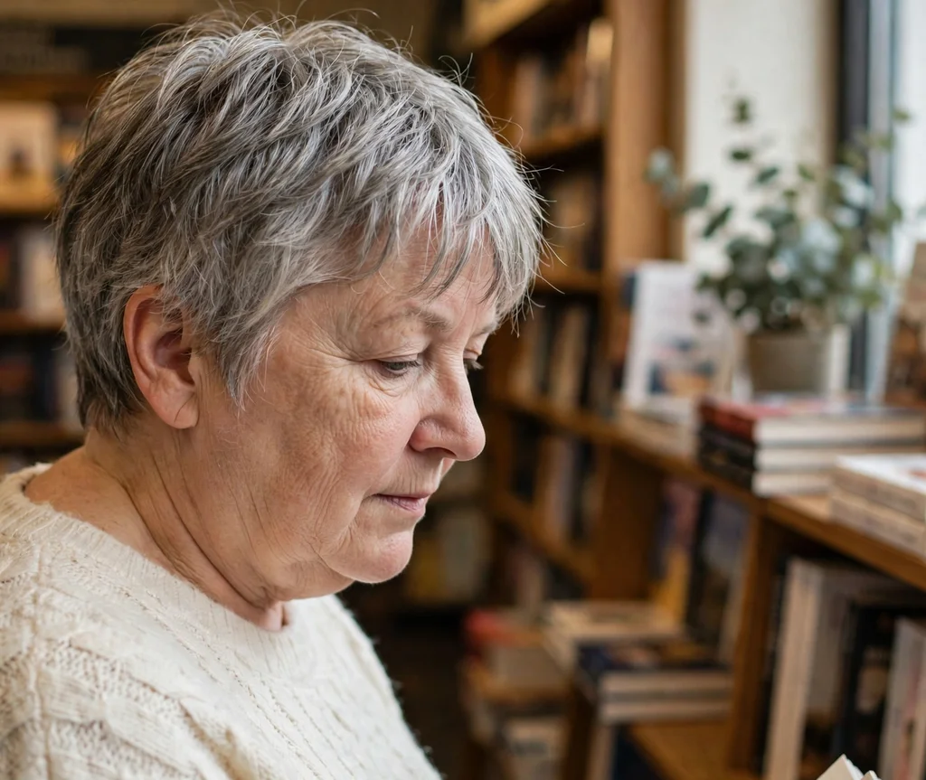 Pixie with wispy see-through bangs on silver-gray hair, Caucasian woman in her late 50s, cream sweater, bookstore