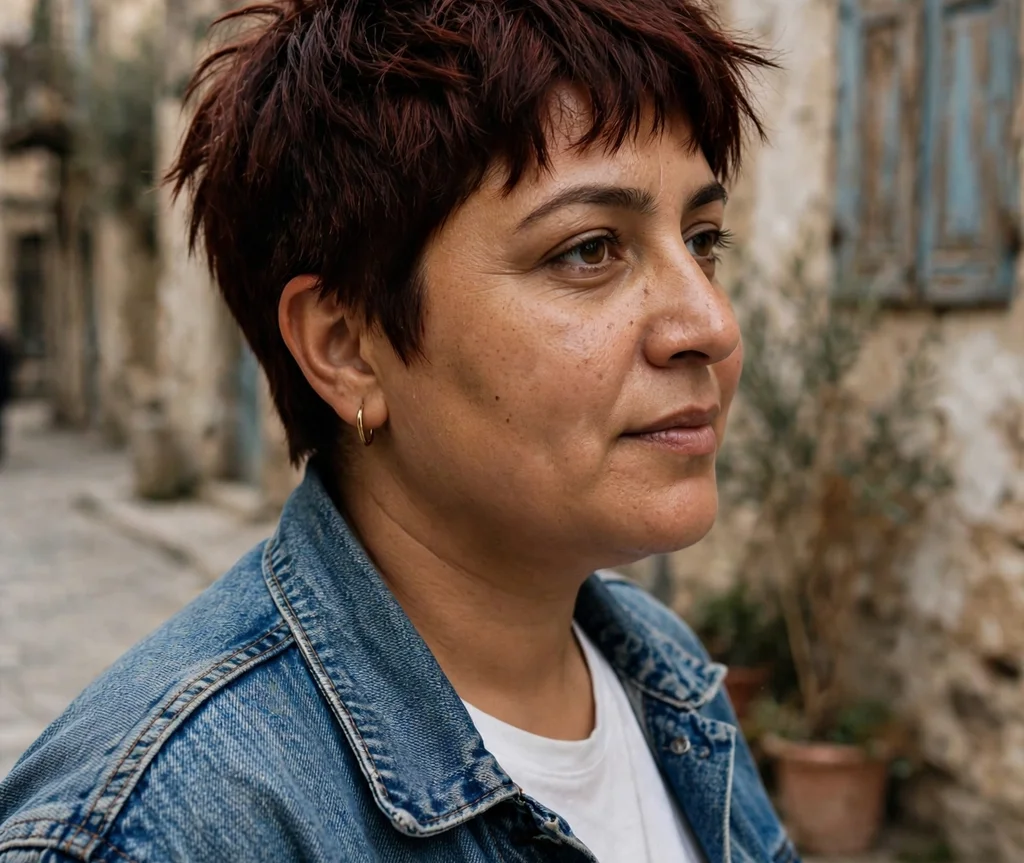 Choppy pixie with jagged piecey ends on dark auburn hair, Middle Eastern woman in her early 30s, denim jacket, old town street