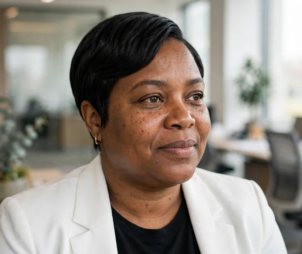 Sleek side-parted pixie on smooth black hair, Black woman in her early 40s, white blazer, bright office