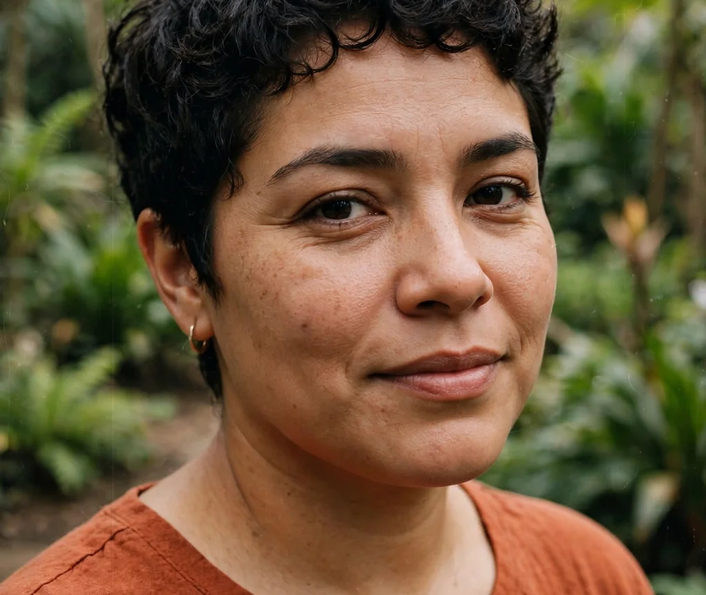Curly pixie with short defined dark curls, Latina woman in her late 20s, rust-colored top, botanical garden