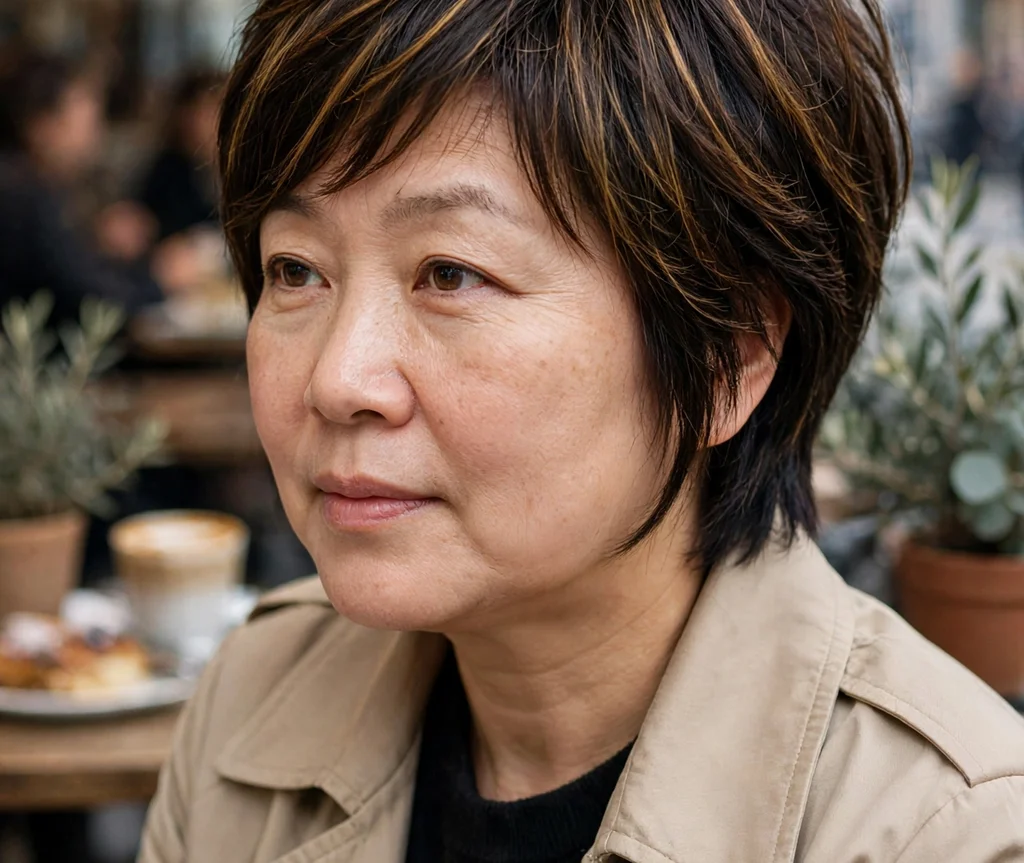 Pixie-bob with dark brown hair and caramel highlights, East Asian woman in her mid 40s, beige trench coat, city café
