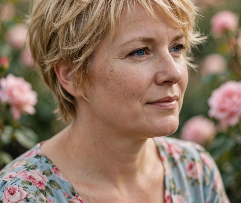 Feathered pixie with wispy airy layers on honey blonde hair, Caucasian woman in her mid 30s, floral dress, rose garden