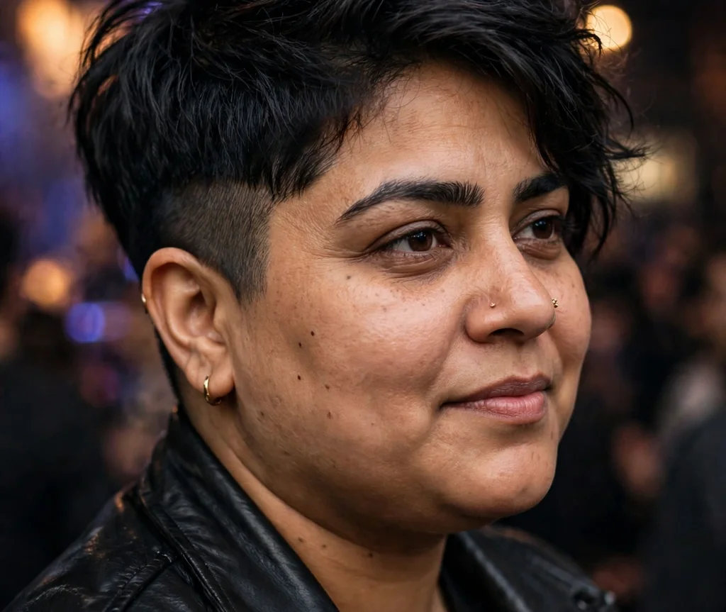 Undercut pixie with closely clipped side and longer textured black top, South Asian woman in her late 20s, leather jacket, music venue