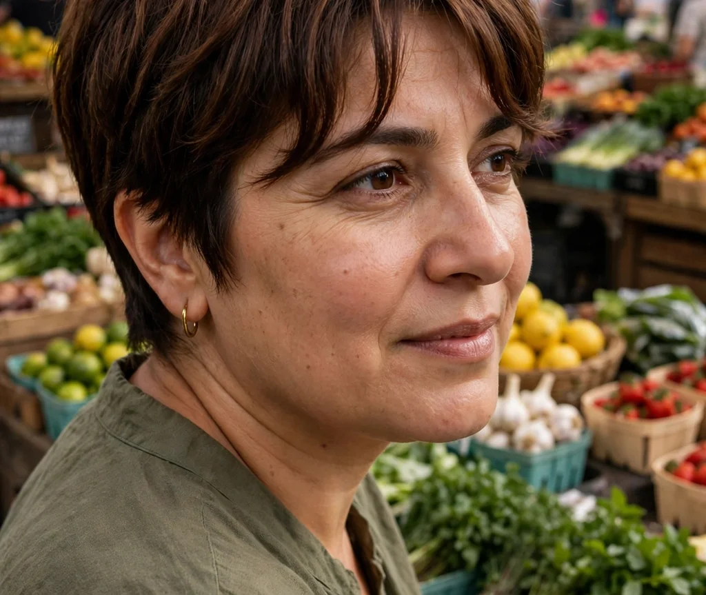 Pixie with soft curtain bangs on chestnut hair, Middle Eastern woman in her mid 30s, olive blouse, farmers market