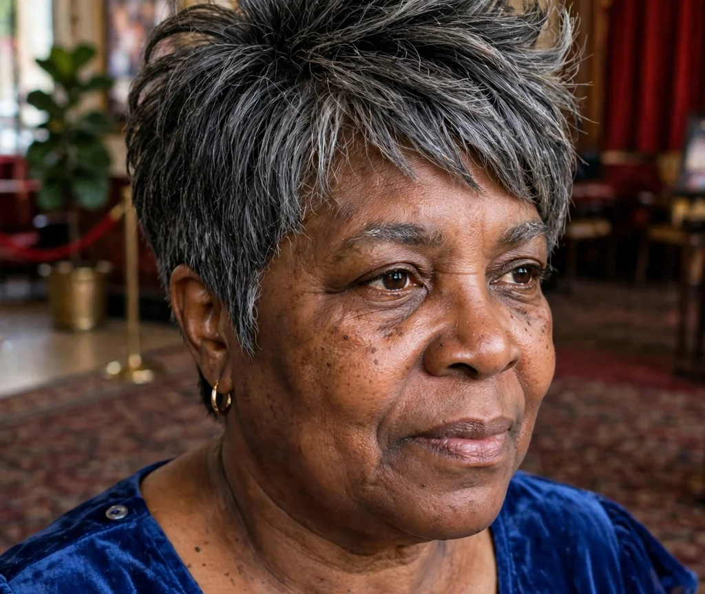 Layered pixie with crown volume on salt-and-pepper hair, Black woman in her mid 50s, royal blue dress, theater lobby