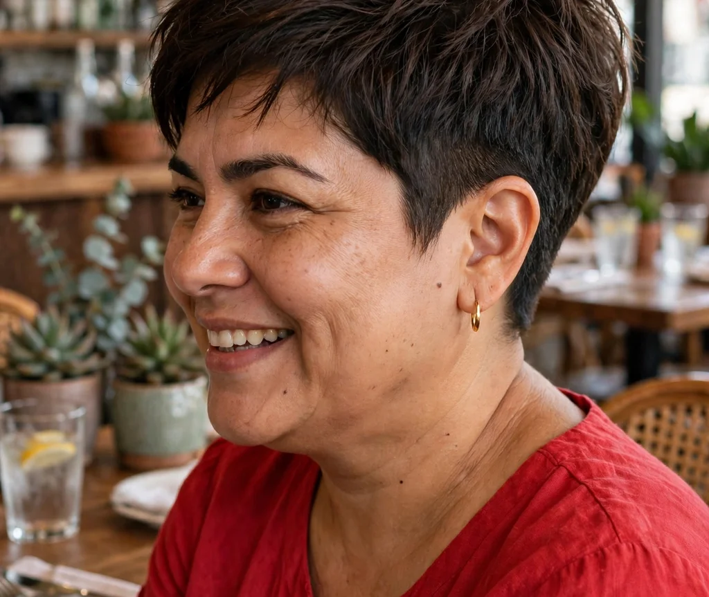 Tapered nape pixie with longer textured dark brown top, Latina woman in her early 40s, red dress, restaurant