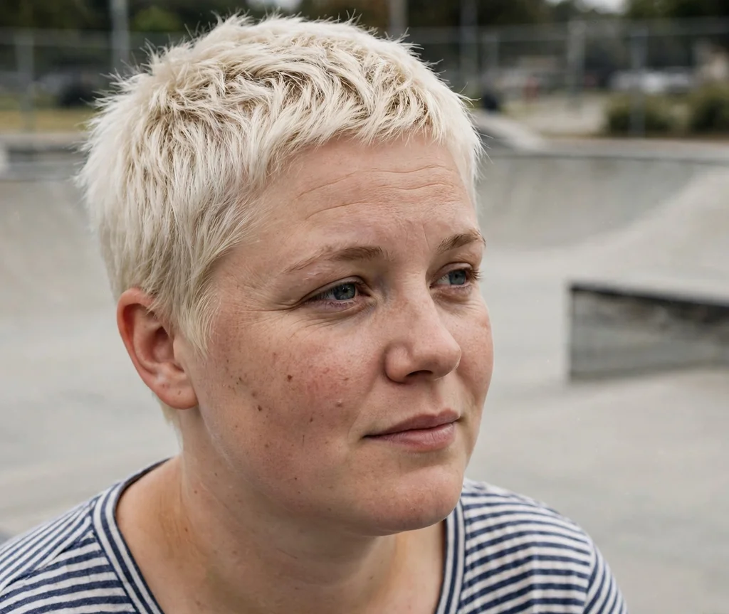 Boyish pixie, short cropped platinum blonde hair, Caucasian woman in her late 20s, striped shirt, skate park