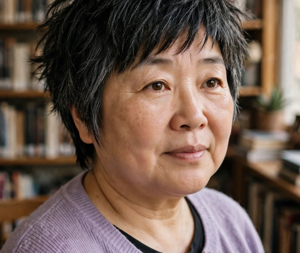 Pixie with shaggy razored layers on black hair with gray streaks, East Asian woman in her early 50s, lavender cardigan, library