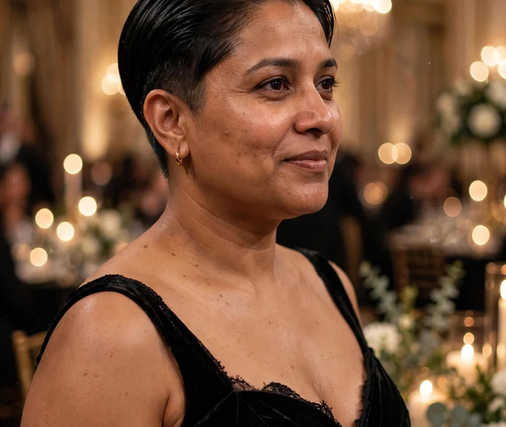 Slicked-back pixie on jet black hair, South Asian woman in her mid 30s, black evening gown, gala ballroom