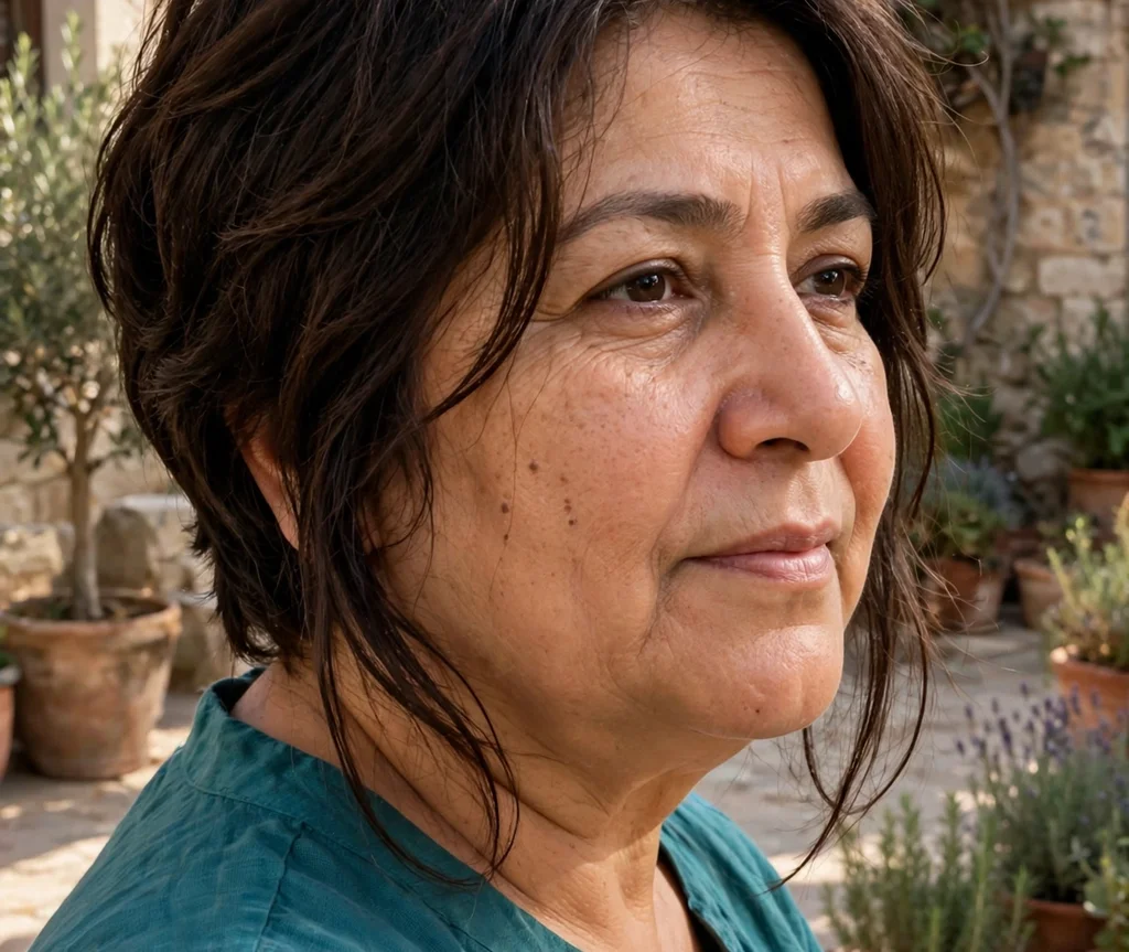 Pixie with long face-framing front pieces on dark brown hair, Middle Eastern woman in her late 40s, teal top, courtyard