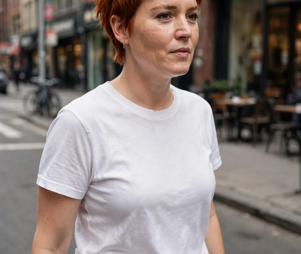 Razored pixie with sharp texture on copper red hair, Caucasian woman in her early 30s, black leather pants and white tee, city street