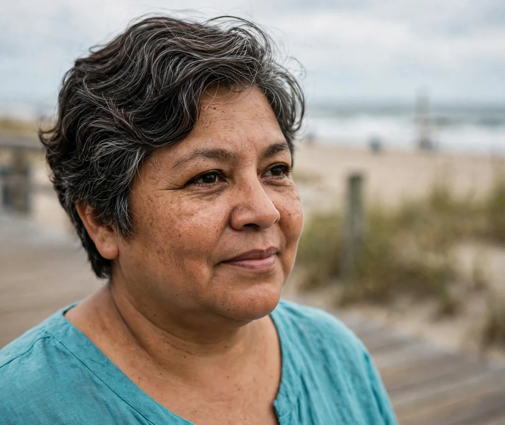 Wavy pixie with soft waves on silver-streaked dark hair, Latina woman in her mid 50s, turquoise top, beach boardwalk