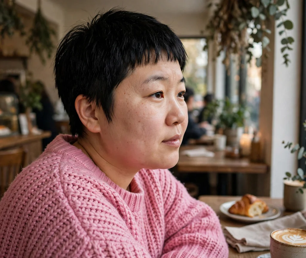 Pixie with very short micro bangs on black hair, East Asian woman in her late 20s, pink oversized sweater, cozy café