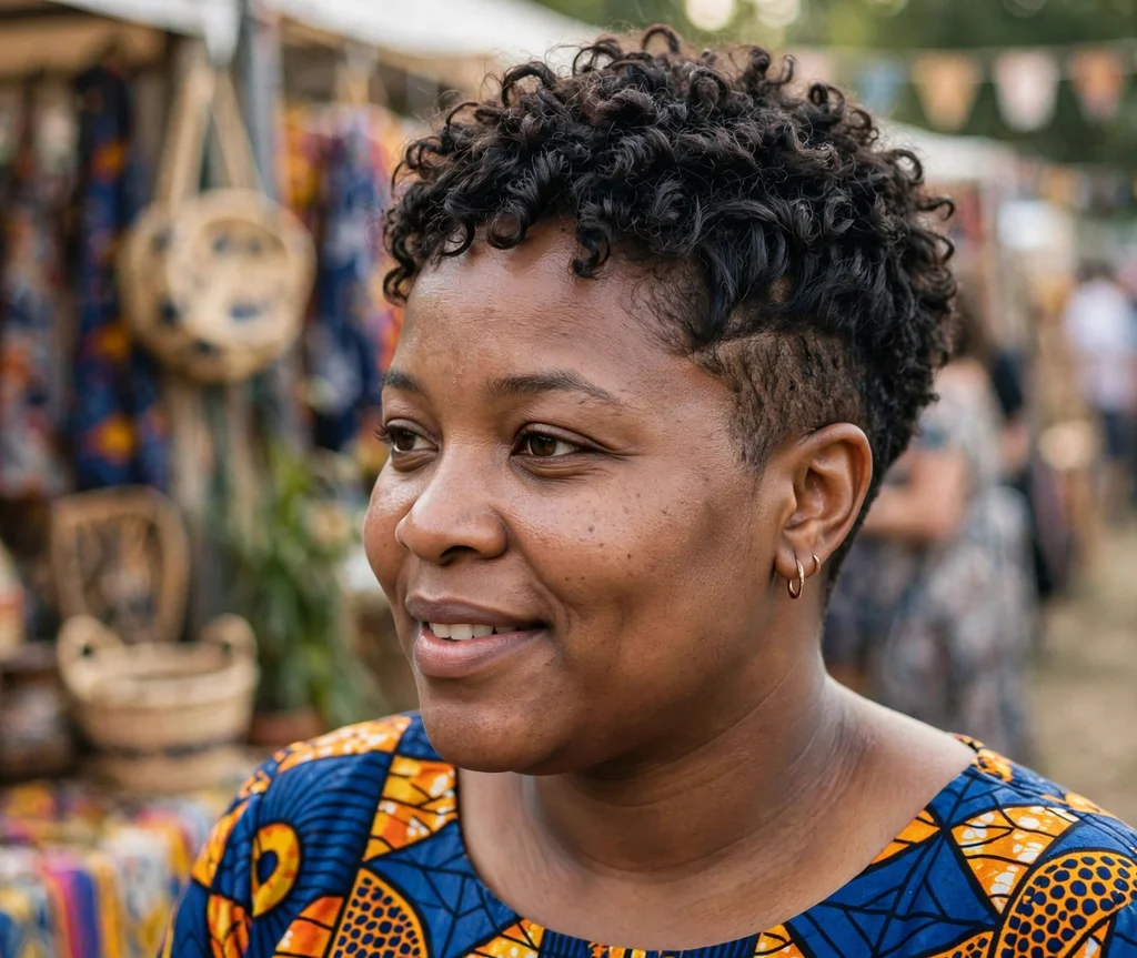Tapered curly pixie with short shaped natural coils, Black woman in her early 30s, Ankara print top, cultural festival