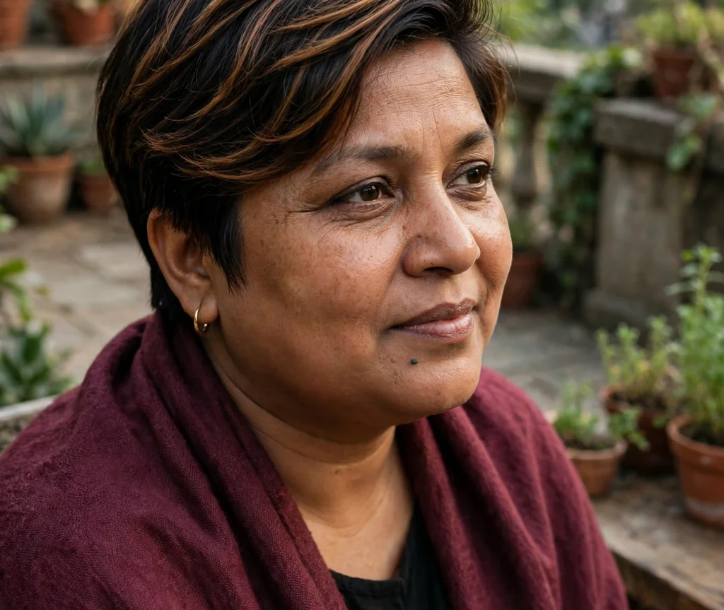 Side-swept pixie with caramel highlights on dark hair, South Asian woman in her early 40s, maroon shawl, garden terrace