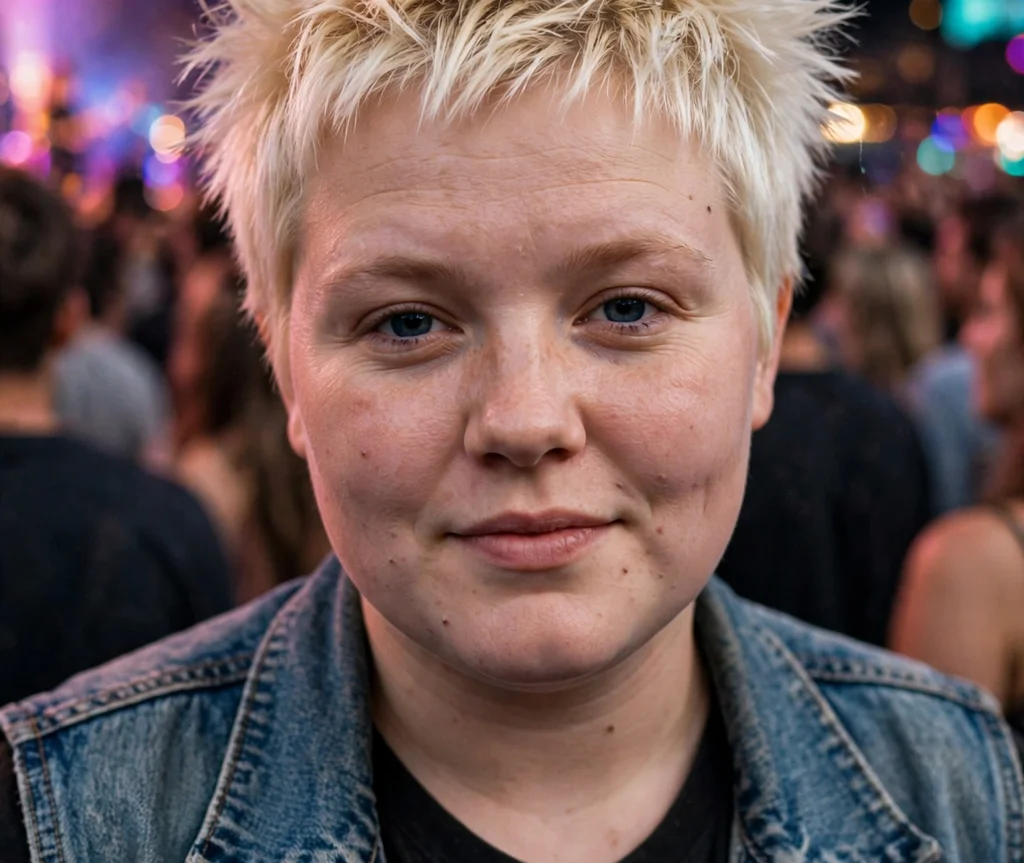 Edgy spiky pixie on bleached blonde hair, Caucasian woman in her mid 20s, denim vest, concert crowd