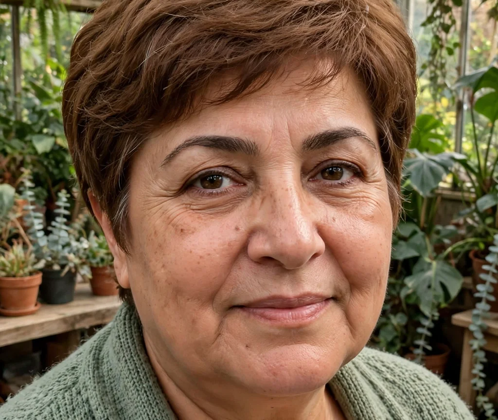 Soft rounded pixie on warm brown hair, Middle Eastern woman in her early 50s, sage green cardigan, conservatory